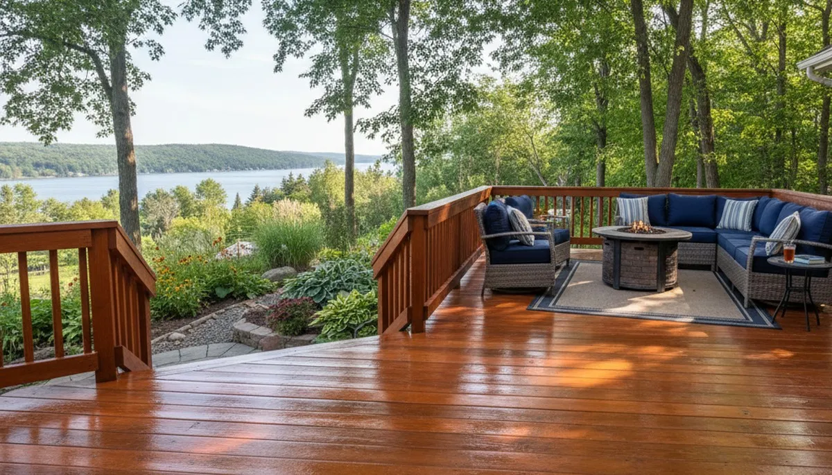 Finished deck staining after pressure cleaning in Duluth, MN showing restored wood and weather protection