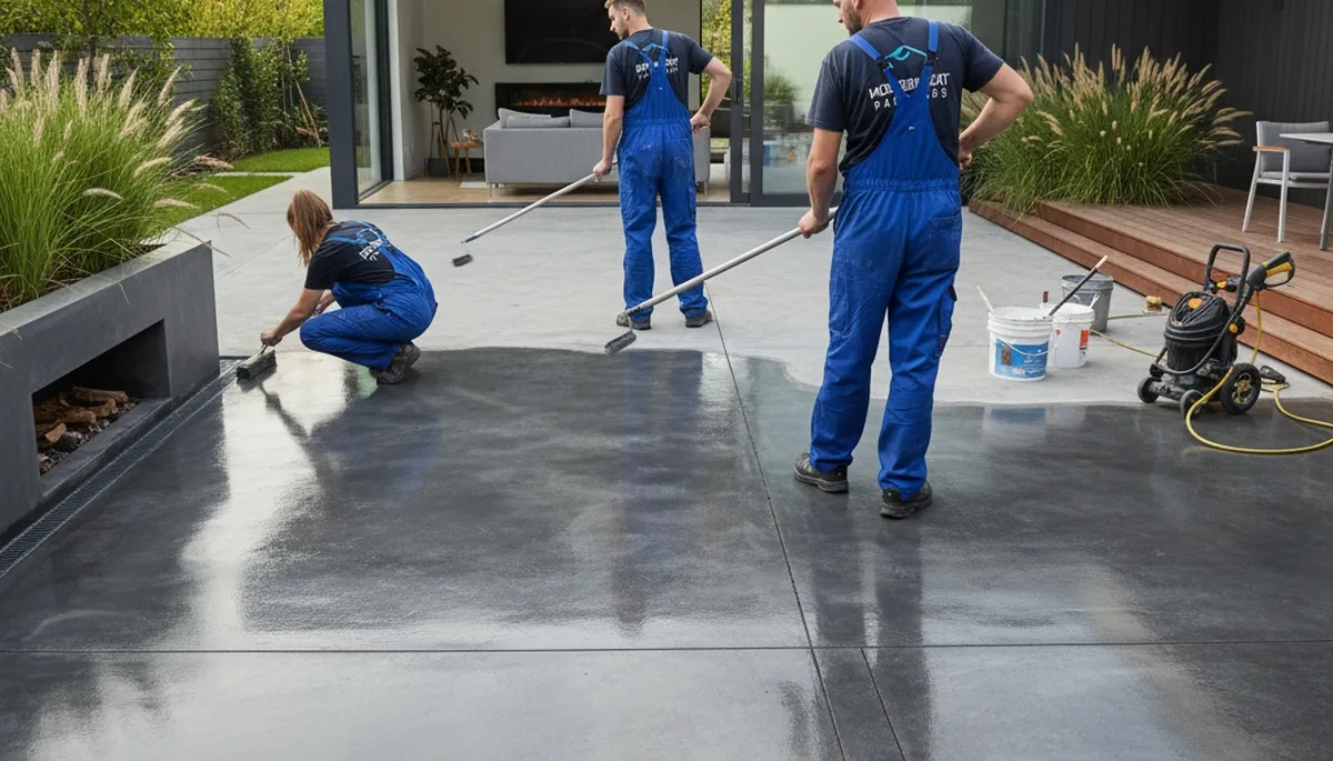 Professional concrete staining on residential garage floor in Duluth, MN by expert painting contractors