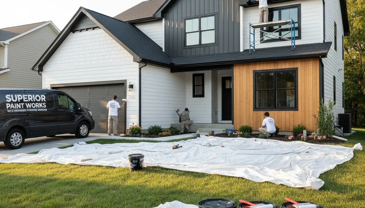 Professional house painters applying exterior paint to Duluth MN home façade