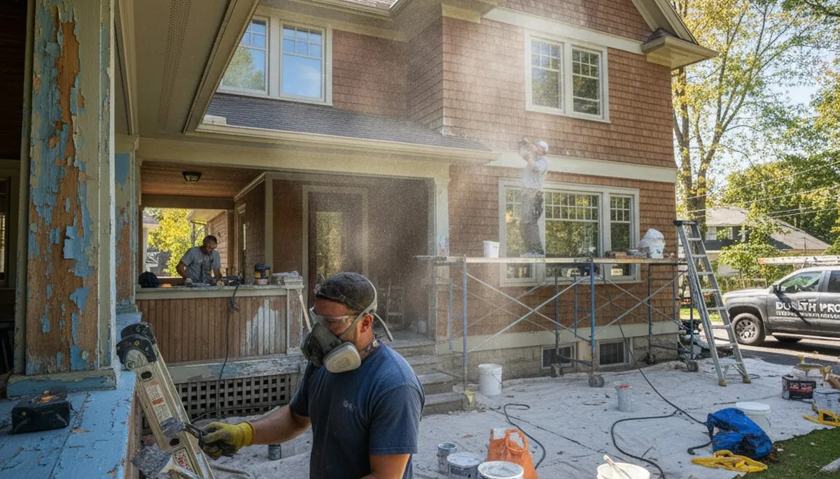 Painter sanding exterior siding for surface prep before painting a Duluth MN home exterior